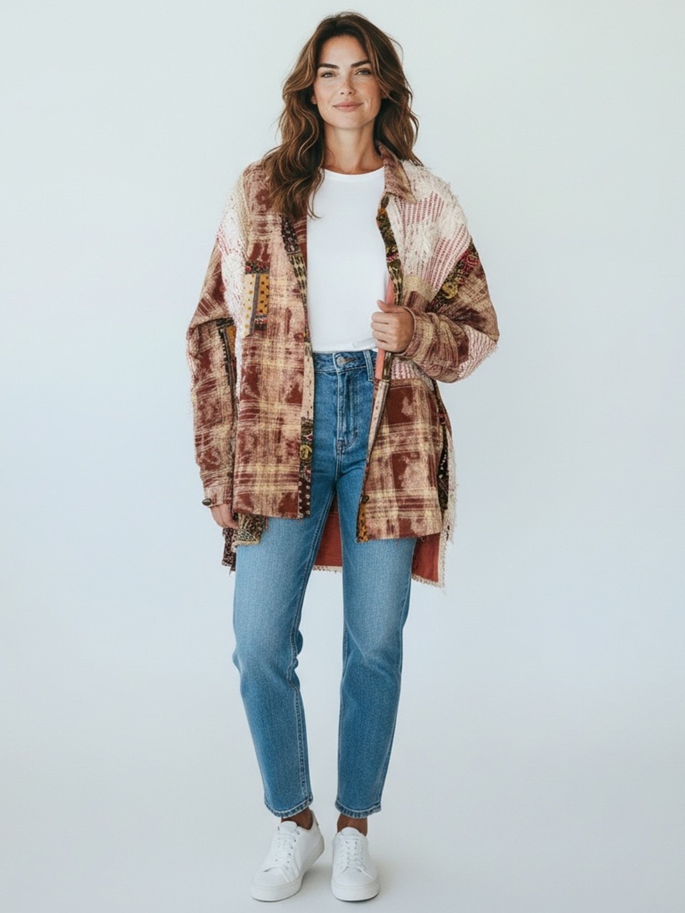 POL Patchwork Plaid Lace Shacket L Boho Oversized Rust Cream Bandana